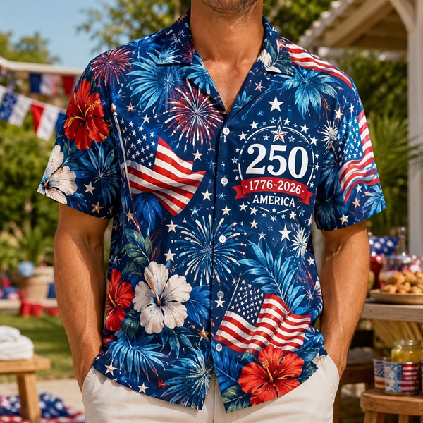 America 250th Celebration Patriotic Hawaiian Shirt – Fireworks & Flags Design