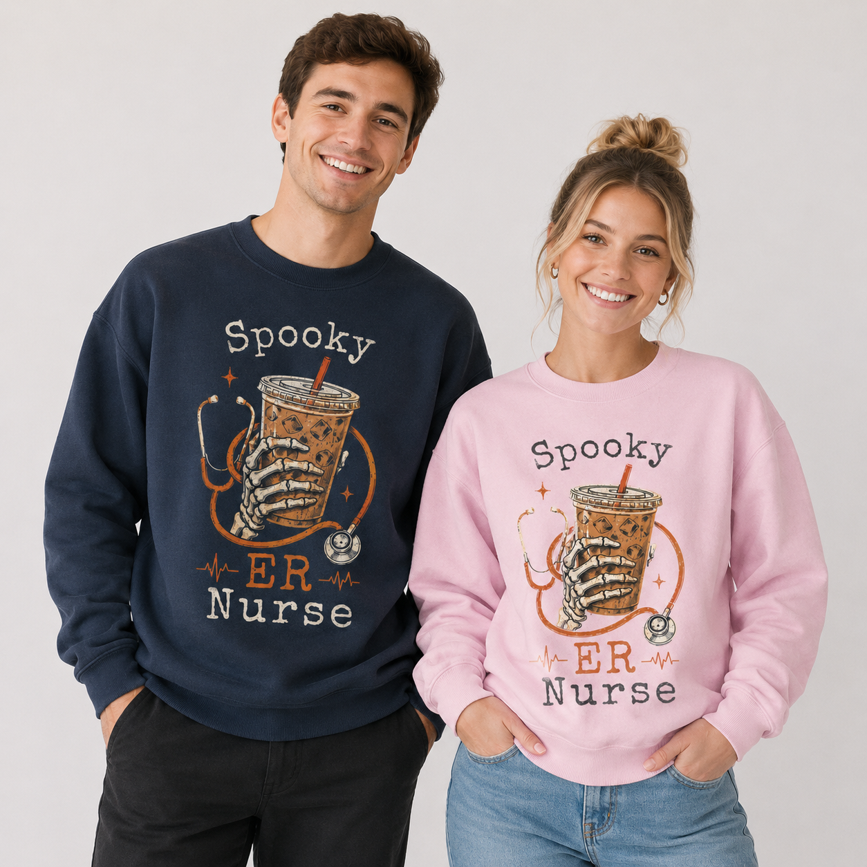 Spooky ER Nurse Halloween Sweatshirt, Skeleton Hand Iced Coffee Nurse Sweater