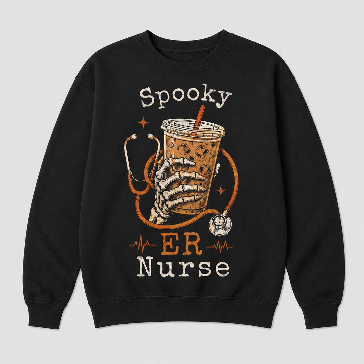 Alternative view of Spooky ER Nurse Halloween Sweatshirt, Skeleton Hand Iced Coffee Nurse Sweater