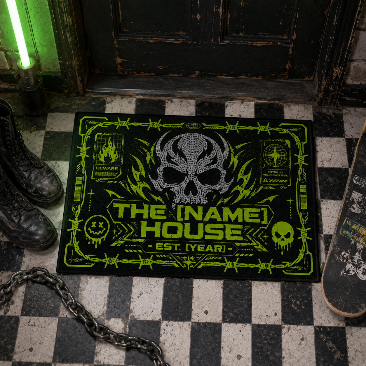 Alternative view of Personalized Y2K Grunge Skull House Halloween Doormat