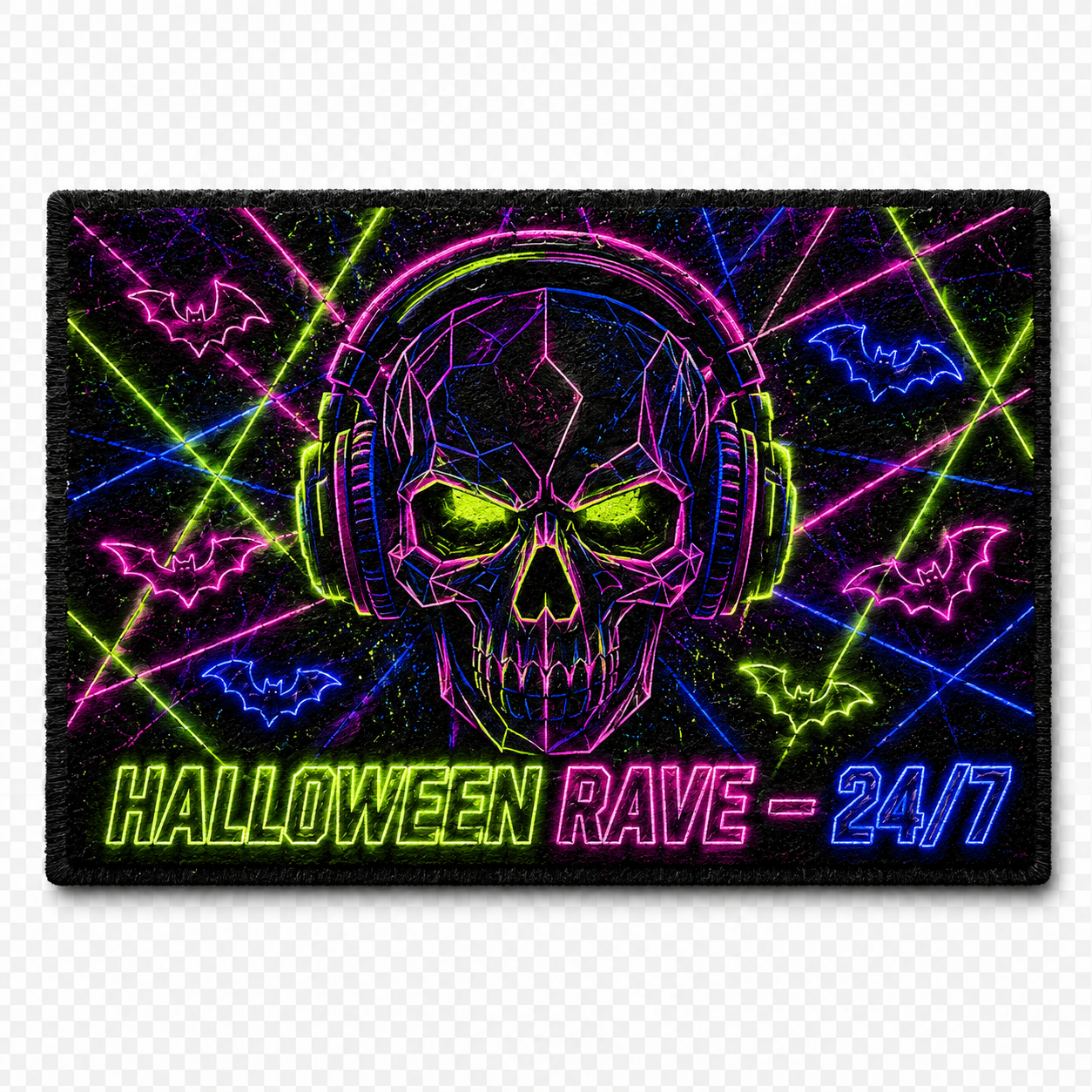 Halloween Rave Skull Doormat – Neon EDM Party Rug
