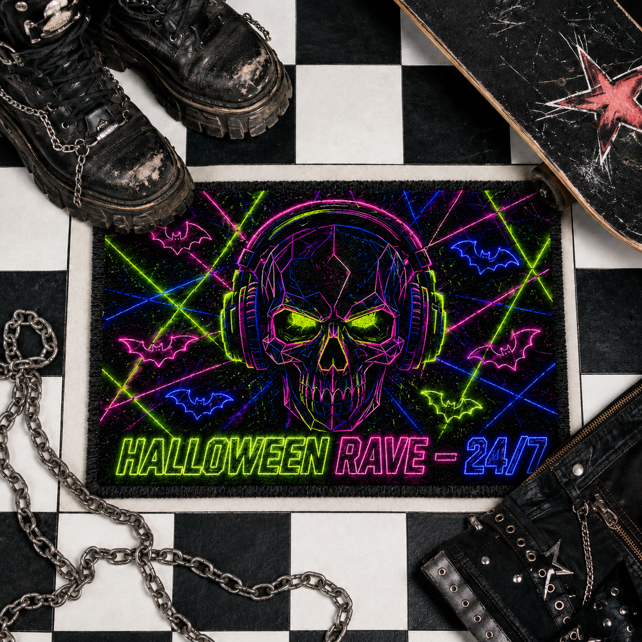 Alternative view of Halloween Rave Skull Doormat – Neon EDM Party Rug