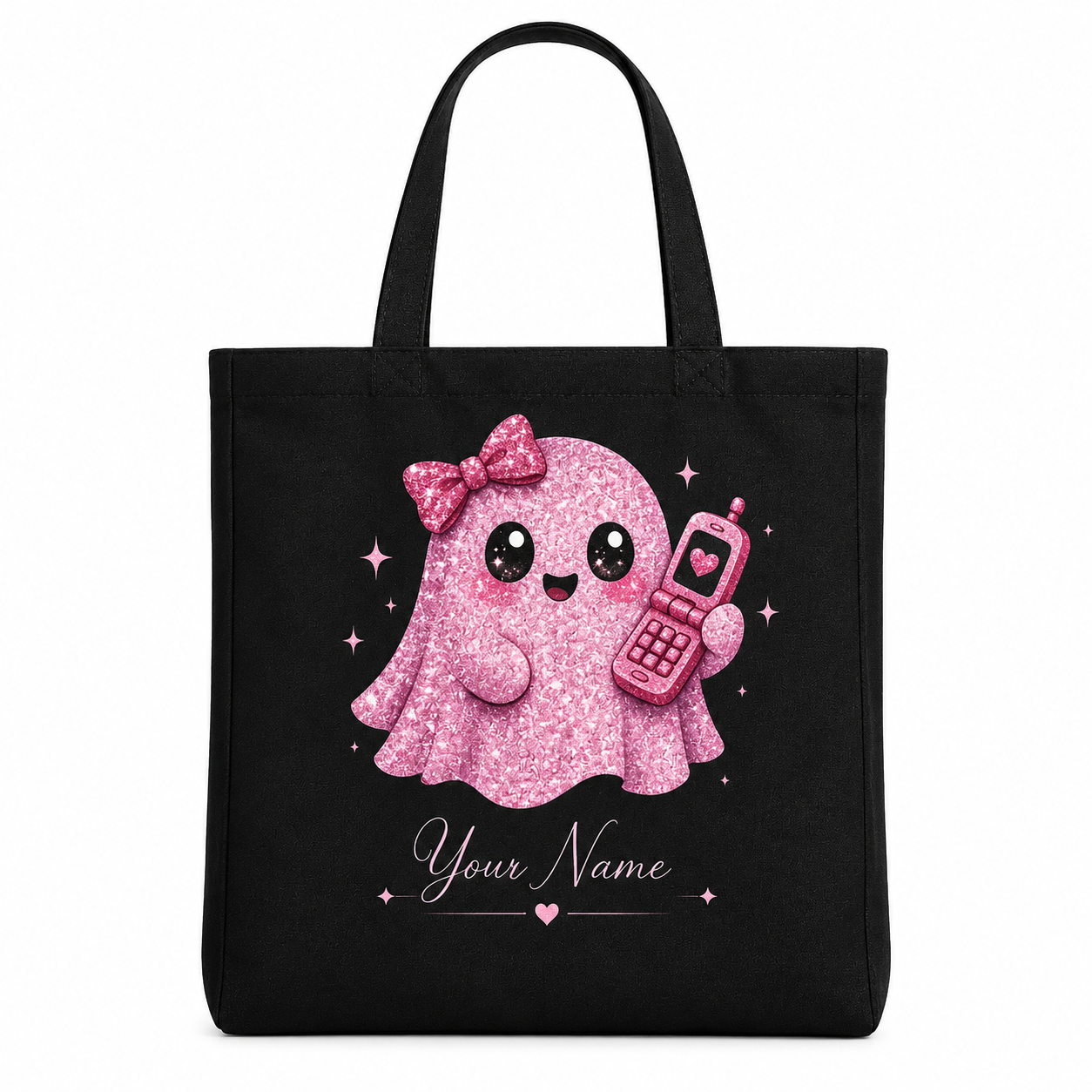 Homepage 7 Personalized Pink Glitter Ghost Tote Bag – Y2K Flip Phone Halloween Bag
