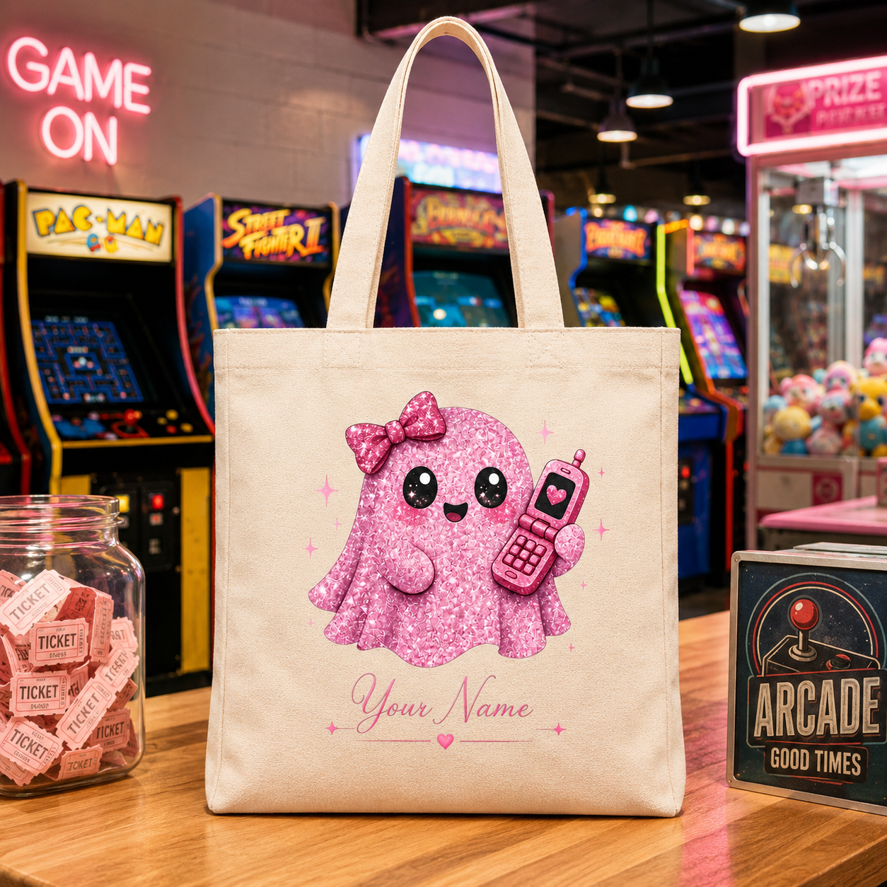 Alternative view of Personalized Pink Glitter Ghost Tote Bag – Y2K Flip Phone Halloween Bag
