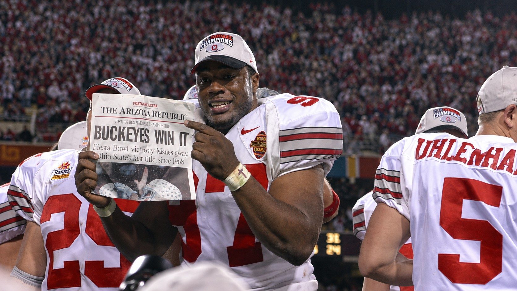 Ohio State Buckeyes celebrating the 2002 National Championship victory over Miami at the Fiesta Bowl