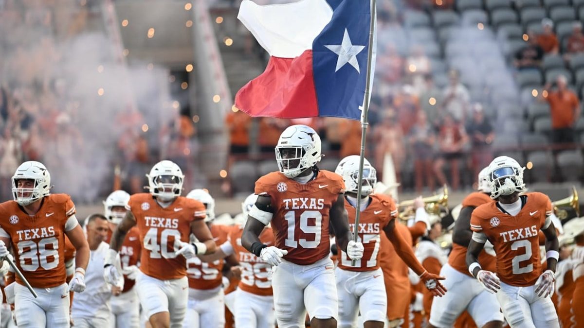 Texas Longhorns football crowd and Bevo at Darrell K Royal Texas Memorial Stadium